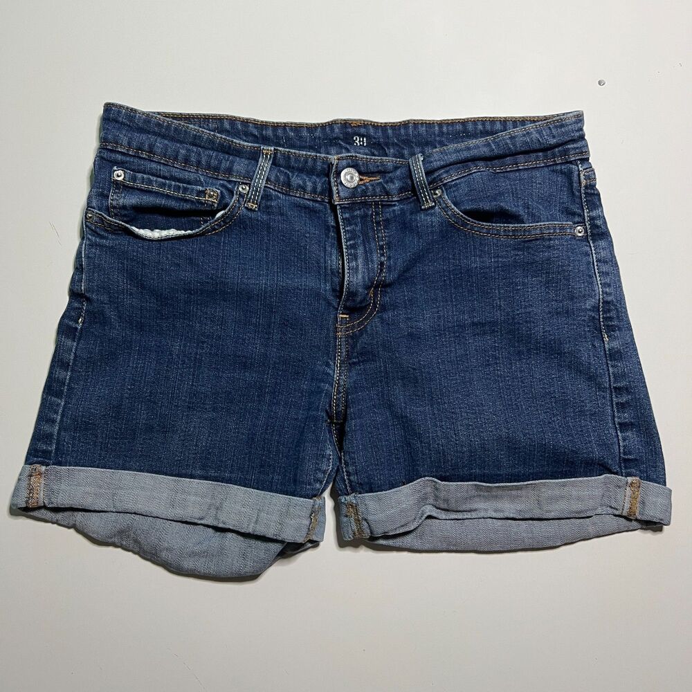Levis Denim Shorts Womens Size 32 Dark Blue Wash Cuffed Roll Up Mid Rise Jean